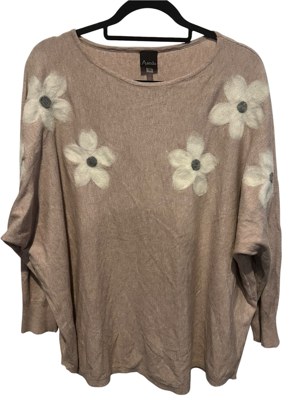 Aaeda Plus Size Blush-Beige Sweater with Felted Wool Daisies